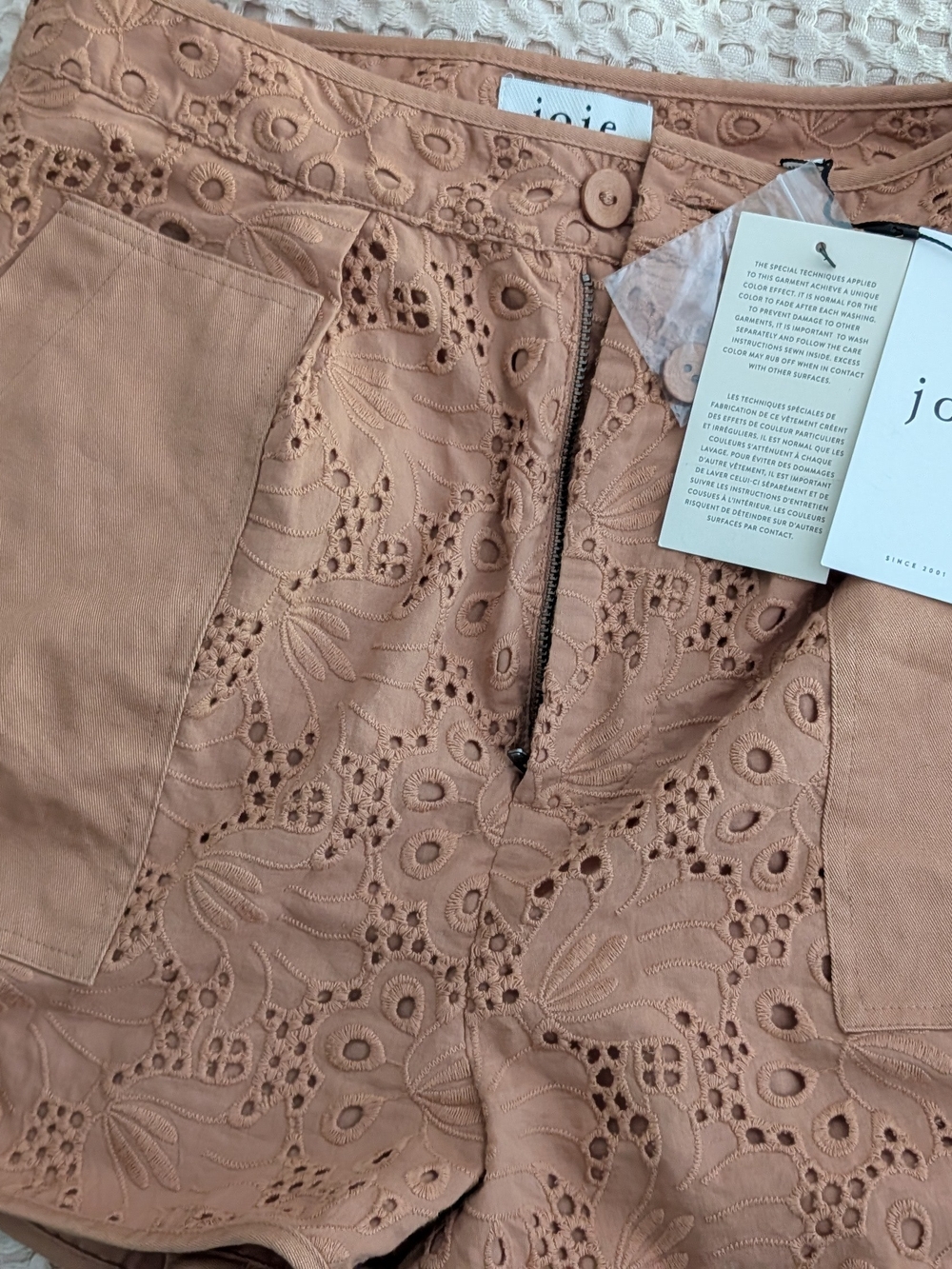 Joie Eyelet  High-Waist Shorts in Mauve/Tan